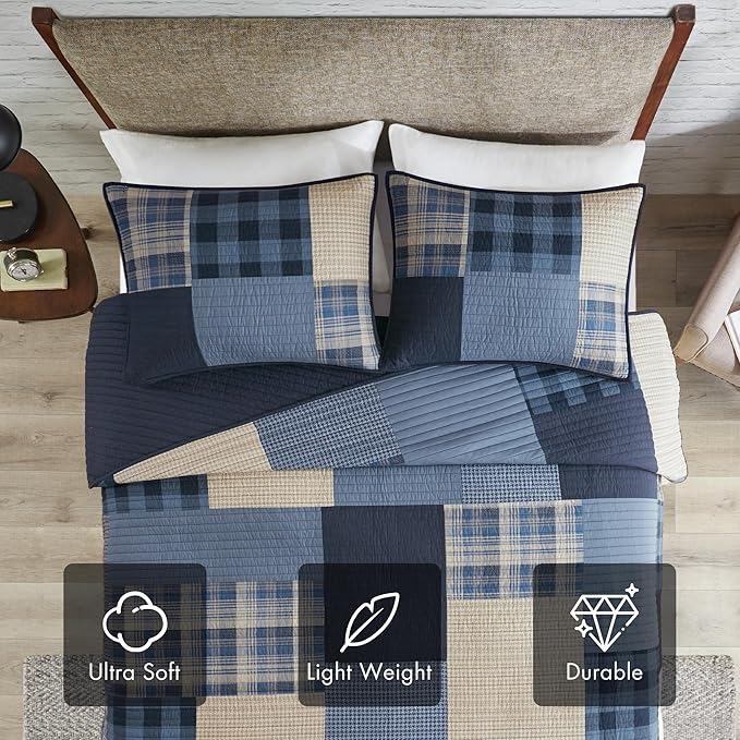 Woolrich Quilt Set Patchwork Channel Quilting, Cottage Coverlet for Twin Size Bed All Seasons, Lightweight Prewashed Cotton Coverlet Bedspread, Shams, Winter Hills, Oversized Full/Queen Blue 3 Piece