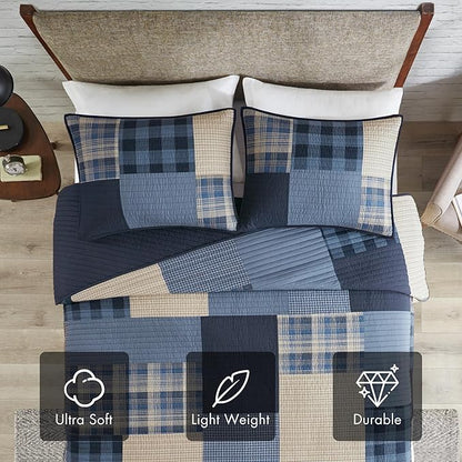 WOOLRICH Quilt Set Patchwork Channel Quilting, Cottage Coverlet for Twin Size Bed All Seasons, Lightweight Prewashed Cotton Coverlet Bedspread, Shams, Winter Hills, Oversized Twin/Twin XL Blue 2 Piece