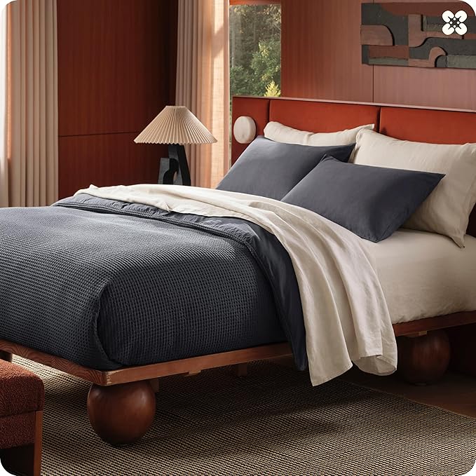Bedsure Cotton Duvet Cover Queen Size - 100% Cotton Waffle Weave Charcoal Duvet Cover, PureWoven Textured Breathable Bedding Comforter Cover for All Season, 1 Duvet Cover Only 90"x90"