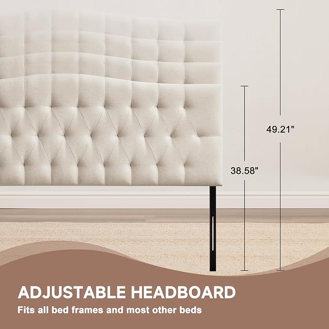 Tufted Upholstered Full Size Headboard Only, Adjustable 38-50 in, Beige | Full Headboard for Full Size Bed, Durable Linen Fabric Headboards, Modern Diamon Design Wood Head Board