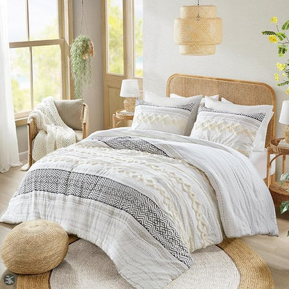 Hyde Lane Farmhouse Bedding Comforter Sets, Ivory Full/Queen Size Boho Bed Set,Cotton Top with Modern Neutral Style Clipped Jacquard Stripes, 3-Pieces Including Pillow Shams (90x90 Inches)