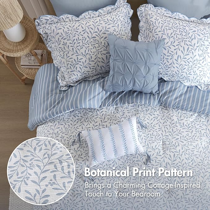 Madison Park 5-Piece Reversible Botanical Comforter Set - Summer Floral Print with Scalloped Edges, Lightweight Bedding with Decorative Pillows, King, Blue | Reversible, Lightweight