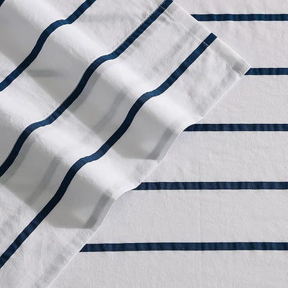 Nautica - King Sheet Set, Cotton Percale Bedding Set, Crisp & Cool, Lightweight & Breathable (Brenton Stripe Navy Blue, King)