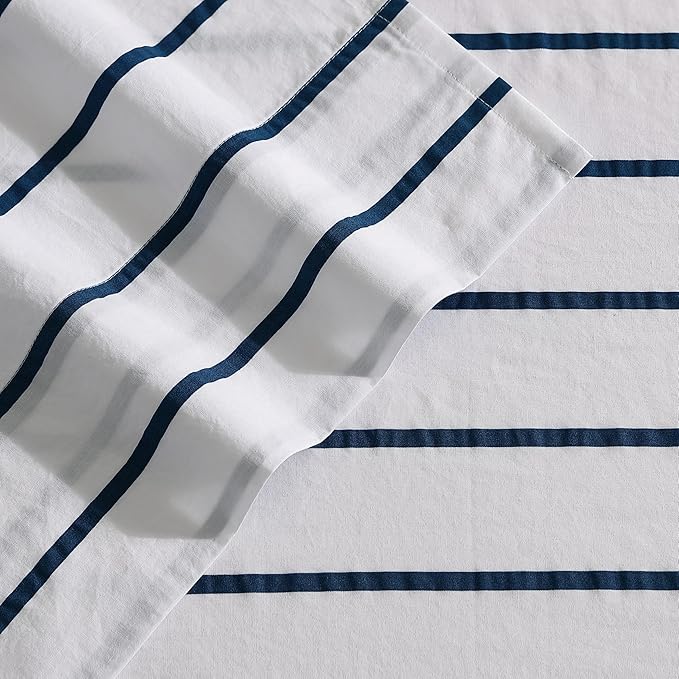 Nautica - Twin Sheet Set, Cotton Percale Bedding Set, Crisp & Cool, Lightweight & Breathable (Brenton Stripe Navy Blue, Twin)