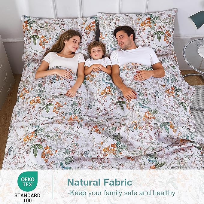 Softan Green Floral Full Sheet Set, Cozy Microfiber Butterfly Printed Fitted Bed Sheet with 15" Deep Pockets & Non-Slip Straps, Cute Girls Patterned Double Sheets & Pillowcase Set