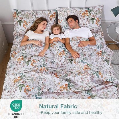 Softan Green Floral Full Sheet Set, Cozy Microfiber Butterfly Printed Fitted Bed Sheet with 15" Deep Pockets & Non-Slip Straps, Cute Girls Patterned Double Sheets & Pillowcase Set