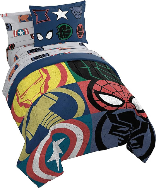 Jay Franco Marvel Avengers 5 Piece Twin Comforter Set - Includes Comforter & Sheet Set with Captain America, Hulk, Iron Man, Thor - Super Soft Kids Superhero Bedding, Official Marvel Product