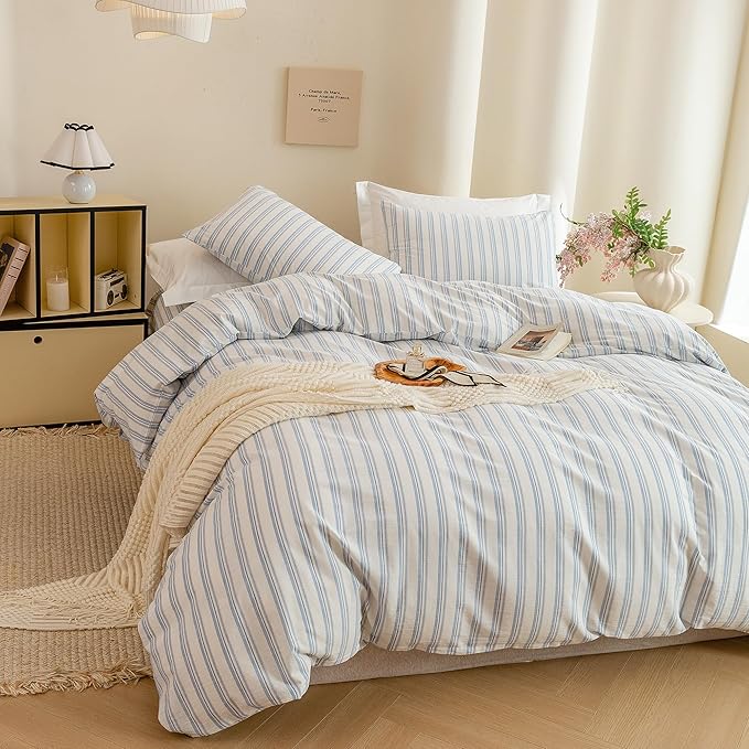 ECOCOTT Striped Duvet Cover King Size -100% Washed Cotton Linen Like Textured Breathable Durable Soft Comfy Bedding Set with Zipper Closure & Corner Ties