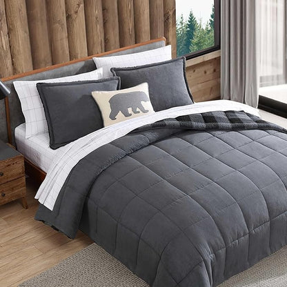 Eddie Bauer - Queen Comforter Set, Microsuede Bedding with Soft Plush Faux Shearling Reverse, 3 Piece Bed Set with Matching Pillowcases (Cabin Plaid Grey)