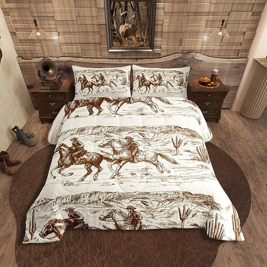 Erosebridal Western Comforter Set King Size Cowboy Bedding Set American Wild West Desert Hand Drawn Illustration Down Comforter Country Theme Bedroom Decor Duvet Set for Boys Men Teens