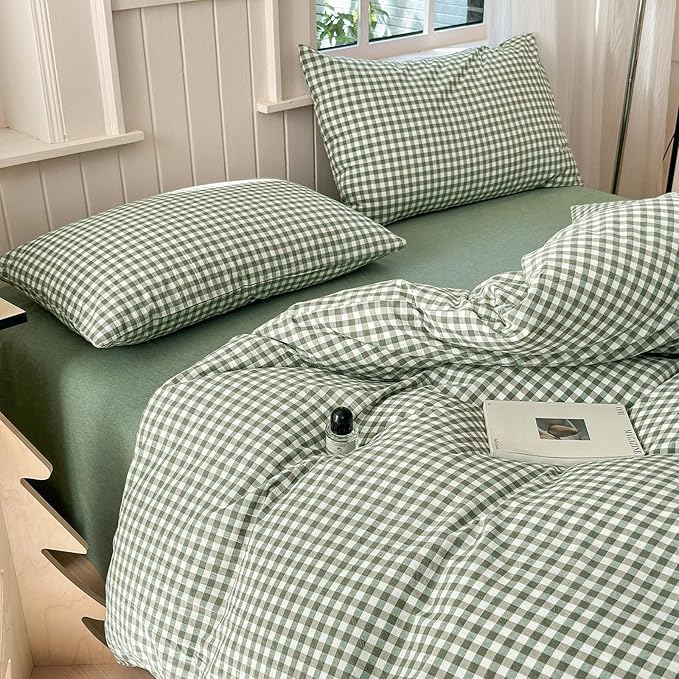 LifeTB Green Grid Gingham Duvet Cover Queen 3 Pieces Green Plaid Duvet Cover with 2 Pillowcases 100% Washed Cotton Grid Checkered Comforter Cover Breathable Green Plaid Bedding Set Queen