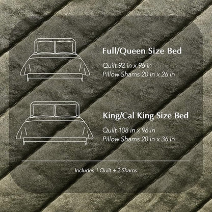 EVERGRACEHOME Cotton Sateen Quilt Set King Size, Pre-Washed Cotton Channel Stitch Coverlet Bedspread, 3 Pieces Lightweight Soft Bedding Sets for All Season, with 2 Pillow Shams, Olive Green