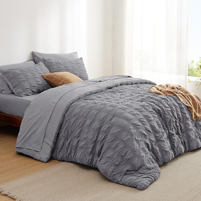 Bedsure Bed in a Bag King - 7 Pieces Plaid Seersucker Bedding Comforter Sets, Soft Lightweight Grey Boho Bed Set with Comforters King Size, Sheets, Pillowcases & Shams