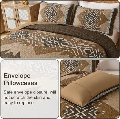 Dintszyayue Brown Quilt Set Queen Size,3 Piece Boho Aztec Texture Bedspread Coverlet Set Reversible Lightweight Bedding Set Geometric Bohemian Bed Cover with 2 Pillowcases(Dark Brown,90"x96")