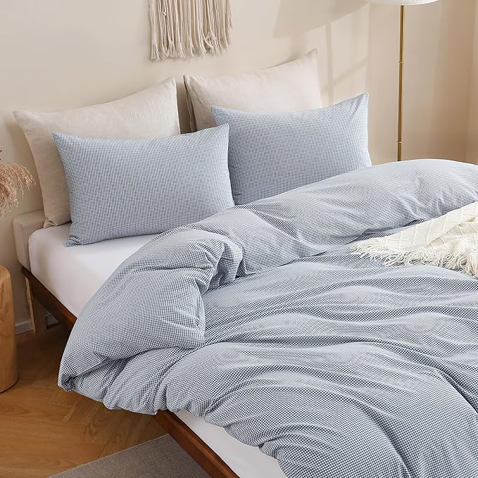 TOCOMOA Mini Gingham Blue Duvet Cover Bedding Set 100% Washed Cotton Like Linen Feel Super Soft Comfortable 3 Piece Small Plaid Checkered Comforter Cover Set (King 104"x90", Comforter Not Included)
