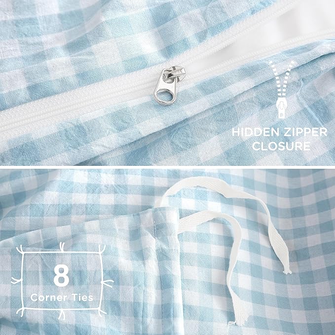 TOCOMOA Light Blue Gingham Duvet Cover Bedding Set 100% Washed Cotton Like Linen Feel Super Soft Comfy 3 Piece Vintage Plaid Checkered Comforter Cover Set (Queen 90"x90", Comforter Not Included)