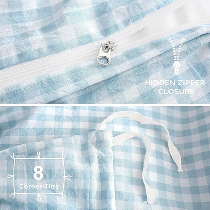 TOCOMOA Light Blue Gingham Duvet Cover Bedding Set 100% Washed Cotton Like Linen Feel Super Soft Comfy 3 Piece Vintage Plaid Checkered Comforter Cover Set (Queen 90"x90", Comforter Not Included)