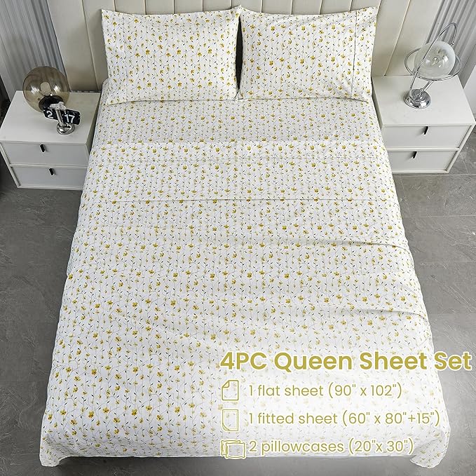 Softan Yellow Floral Sheets for Queen Size Bed Printed Bed Sheets - 4 Piece Soft Microfiber Patterned Fitted Sheets Queen with 15" Deep Pocket and Corner Straps,Cute Flower Sheets & Pillowcase Set