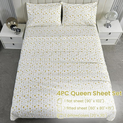 Softan Yellow Floral Sheets for Queen Size Bed Printed Bed Sheets - 4 Piece Soft Microfiber Patterned Fitted Sheets Queen with 15" Deep Pocket and Corner Straps,Cute Flower Sheets & Pillowcase Set