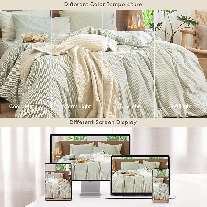 MooMee Striped Duvet Cover Set 100% Washed Cotton Linen Like Textured Breathable Durable Soft Comfy (Sage Green White Pinstripes, Twin 68"x90")