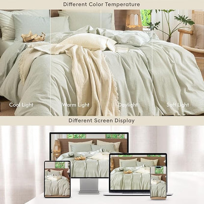 MooMee Striped Duvet Cover Set 100% Washed Cotton Linen Like Textured Breathable Durable Soft Comfy (Sage Green White Pinstripes, Oversized Queen 98"x98")
