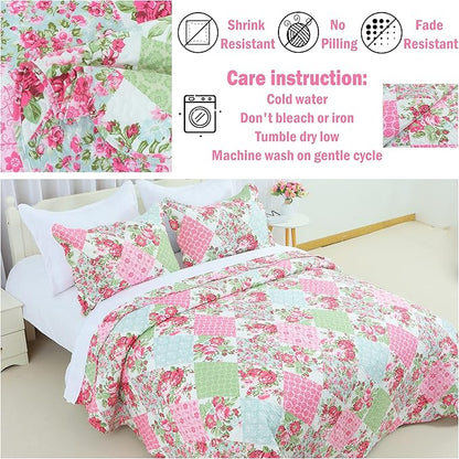 Cmfshape Summer Floral Queen Quilted Bedspread,Romantic Pink Quilt Set Bedding,Reversible Stitched Bedding Set All Season,Soft Lightweight Coverlet with Pillow Cases (Pink&Green, Queen90 x90)