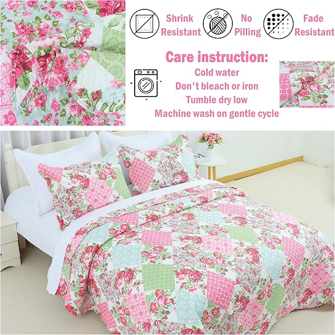 Cmfshape Summer Floral King Quilted Bedspread,Romantic Pink Quilt Set,Reversible Stitched Bedding Set All Season,Soft Lightweight Coverlet with Pillow Cases (Pink&Green, King102 x90)