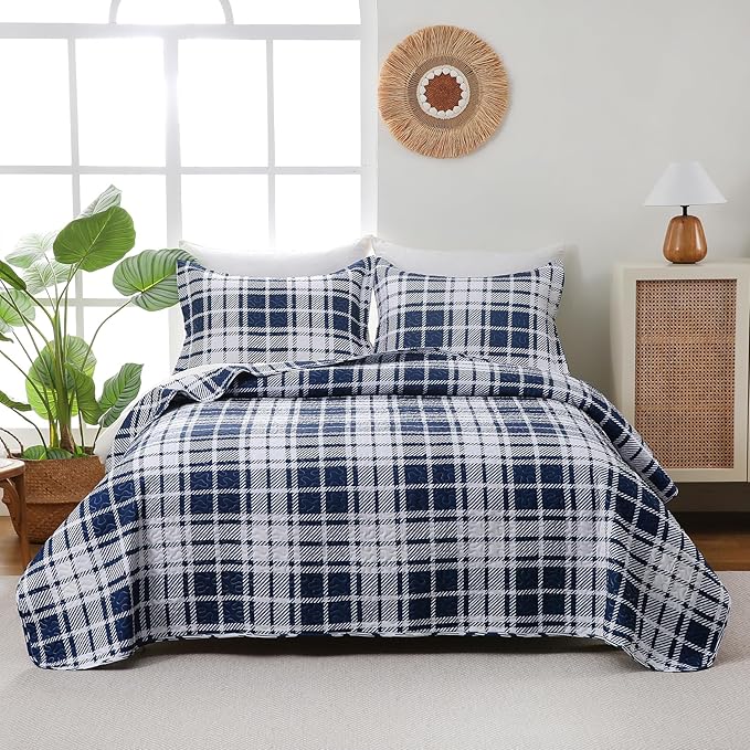Plaid Quilt Set King Size - Ultra Soft Gingham Quilts Bedding Set with 2 Pillow Shams, Lightweight Reversible Striped Quilted Bedspread Coverlet 3 Pieces for Summer, 104"×90", Blue White