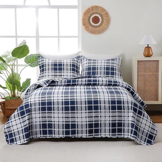 Plaid Quilt Set King Size - Ultra Soft Gingham Quilts Bedding Set with 2 Pillow Shams, Lightweight Reversible Striped Quilted Bedspread Coverlet 3 Pieces for Summer, 104"×90", Blue White