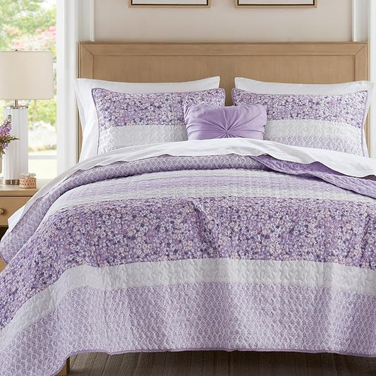 Madison Park Quilt Set, Seersucker Floral Coverlet for Queen Size Bed, All Season Lightweight Bedding, Farmhouse Quilt Set, Vermicelli Quilting, Throw Pillow, Caralie, Full/Queen Purple 4 Piece
