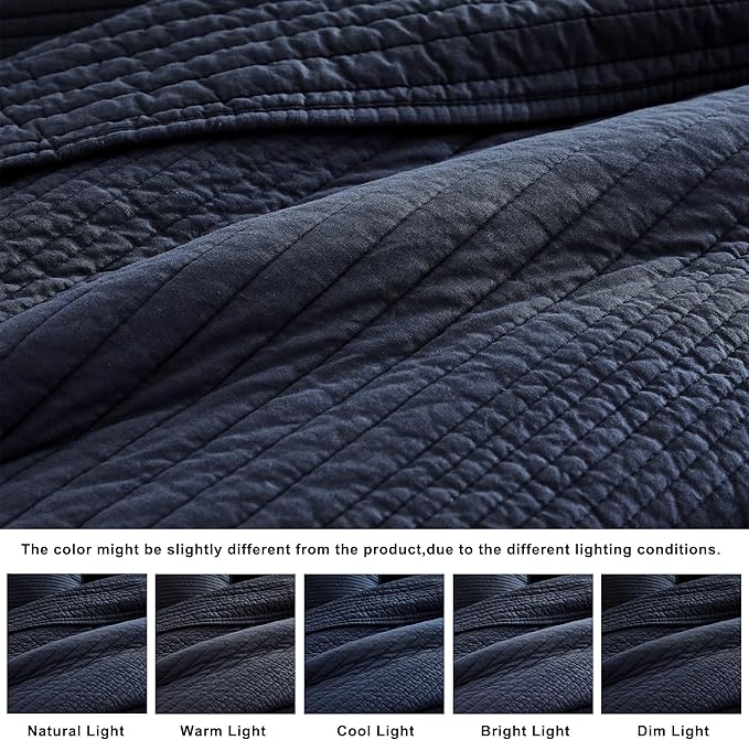 palassio Striped Navy Blue 100% Cotton Quilt Queen Size Bedding Sets, Lightweight Crinkly Channel Pick Stitch Textured Bedspread Soft Shabby Chic Farmhouse Country Coverlet for All Season, 2 Shams