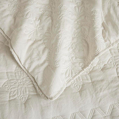 B2EVER Boho Light Beige Quilt King Size Bedding Sets with Pillow Sham, Bohemian Lightweight Bedspread Coverlet, Farmhouse Floral Vintage Thin Comforter Bed Cover All Season, 3 Pieces, 104x90 inches