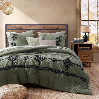 MaiRêve Embroidery Oversized King Size Comforter Set Olive Green, Boho Farmhouse Western Bedding Set 7 Pieces, All Season Bed in A Bag Comforter Set with Sheets, Pillowcases & Shams