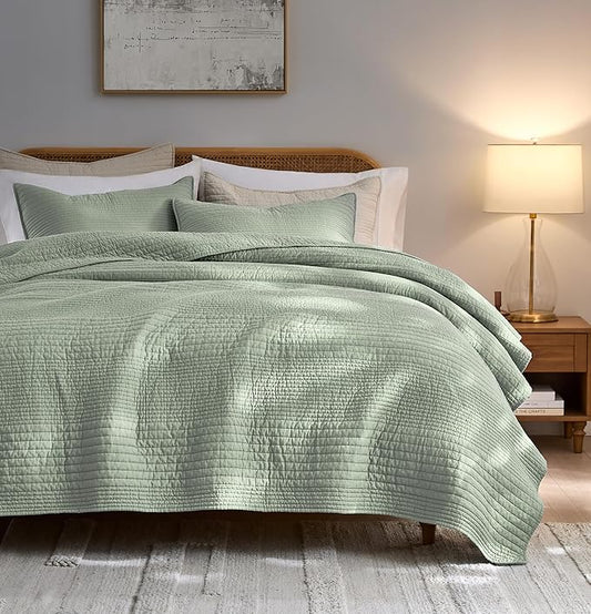 palassio Striped Sage Green 100% Cotton Quilt Queen Size Bedding Sets, Lightweight Crinkly Channel Pick Stitch Textured Bedspread Soft Shabby Chic Farmhouse Country Coverlet for All Season, 2 Shams