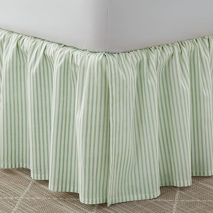 Laura Ashley Home - Cotton Ruffled Bedskirt, Lightweight & Classic Style (Ticking Stripe Green, King)