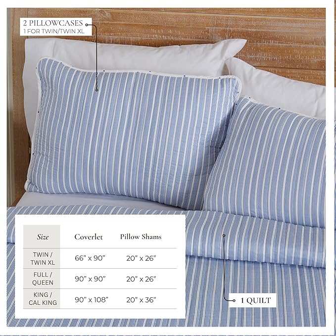 Great Bay Home Striped Quilt Set - 3-Piece Full/Queen Size Pattern Bedding Set - Lightweight, All-Season, Reversible Bedspread (Blue)
