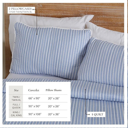 Great Bay Home Striped Quilt Set - 3-Piece Full/Queen Size Pattern Bedding Set - Lightweight, All-Season, Reversible Bedspread (Blue)