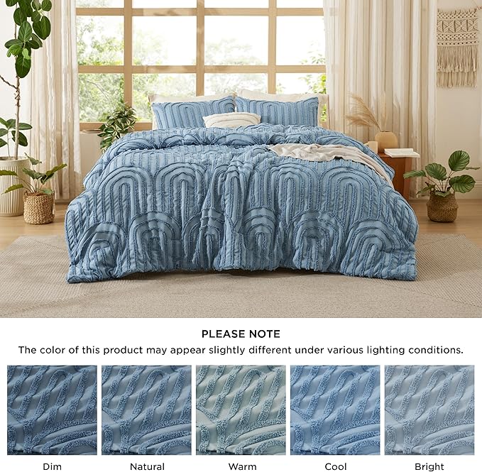 Bedsure Boho Tufted Blue Comforter King Size, GentleSoft™ 3 Pieces Boho Farmhouse Decor Bedding, Arch Shabby Chic Bedding for All Seasons, 1 Bed Comforter, 2 Pillow Shams, 104x90 Inches