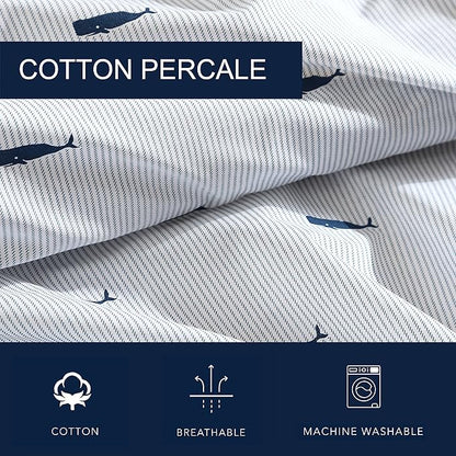 Nautica - King Size Sheets Set, Crisp & Tailored Cooling Sheets with a Smooth Cotton Percale Lightweight Feel - Bed Sheets with Matching Pillowcases & Fitted Sheet (Whale Stripe Blue)