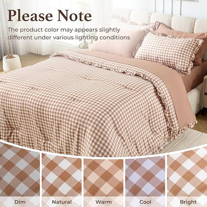 BDEUS 7 Pieces Gingham Ruffle Comforter Set Full Size, Brown Grid Tartan Bedding Set, Soft Breathable Fabric Comforter with Flat Sheet, Fitted Sheet, 2 Pillowcases & 2 Shams, 82"X86"