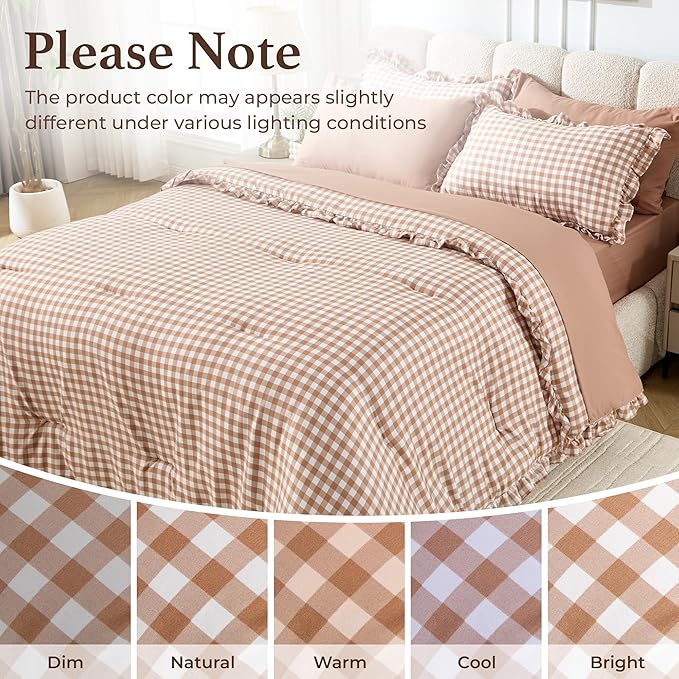 BDEUS 7 Pieces Gingham Ruffle Comforter Set Queen Size, Brown Grid Tartan Bedding Set, Soft Breathable Fabric Comforter with Flat Sheet, Fitted Sheet, 2 Pillowcases & 2 Shams, 88"X88"