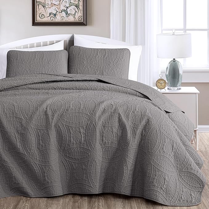Chezmoi Collection Austin 3-piece Oversized Bedspread Coverlet Set (King, Gray) | Oversized, Lightweight, Fade Resistant
