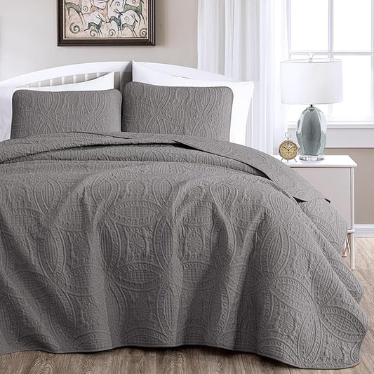 Chezmoi Collection Austin 3-piece Oversized Bedspread Coverlet Set (King, Gray) | Oversized, Lightweight, Fade Resistant
