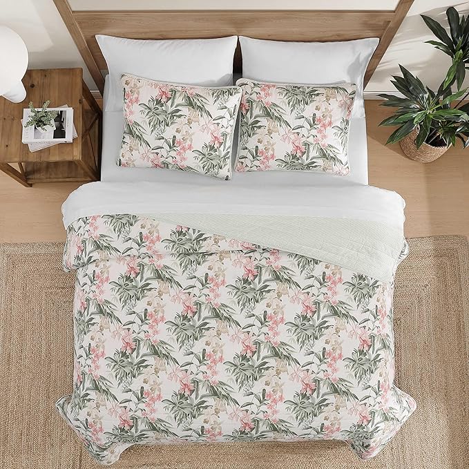 Tommy Bahama - Queen Quilt Set, Reversible Cotton Coastal Bedding with Matching Shams, Colorful Botanical Bedding Set (Island Orchid Pink/Cream)