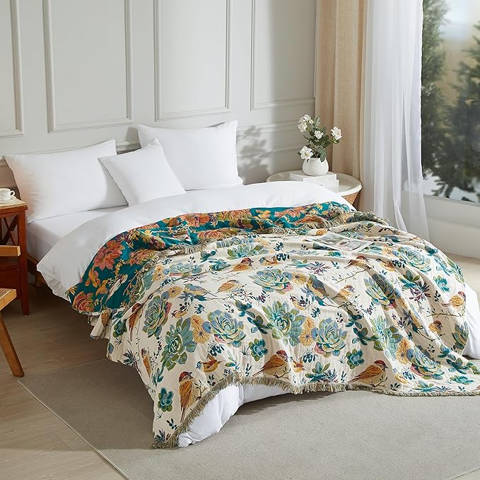 Boho Throw Blanket for Bed 90”x98”, 100% Cotton Woven Blanket for Couch Sofa, Ultra Soft 4-Layer Muslin Quilt with Floral Printed, Farmhouse Bed Blanket/Cover for Living Room Decor