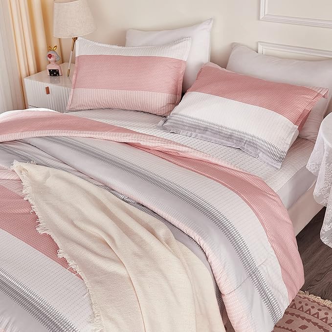 Litanika Pink Full Size Comforter Sets for Girls, 3 Pieces Blush White Colorblock Women Lightweight Bedding Comforter Set