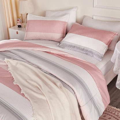 Litanika Pink King Size Comforter Set, 3 Pieces Blush White Colorblock Lightweight Bedding Comforter Set