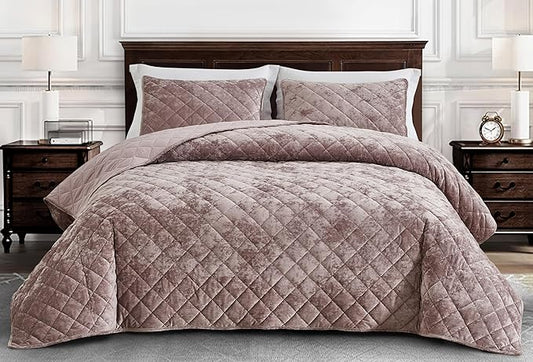 Chezmoi Collection Lux Dusty Pink Velvet Quilt Oversized King Set, 3-Piece Plush Distressed Velvet Bedding All Season Lightweight Comforter Brushed Microfiber Reverse with Diamond Stitch Quilting