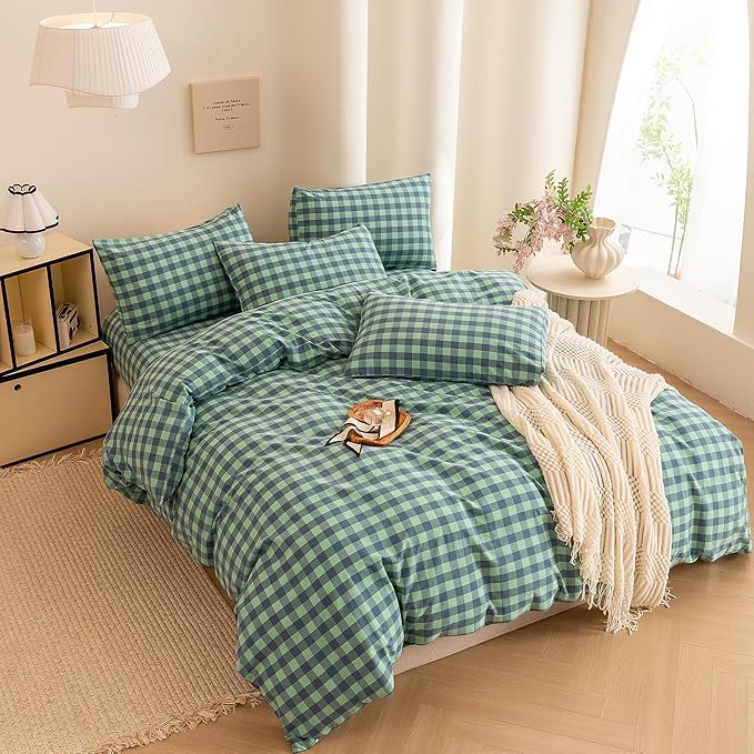 ECOCOTT Grid Plaid Duvet Cover Queen Size -100% Washed Cotton Linen Like Textured Breathable Durable Soft Comfy Bedding Set Mini Green Blue Plaid Comforter Cover