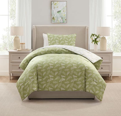 Nestl Twin/Twin XL Comforter Set - Sage Green Bed in a Bag Twin, 2 Pieces Reversible Bed Set, Soft Floral Bedding Set for College Dorm, All Season Botanical Comforters with Pillow Sham